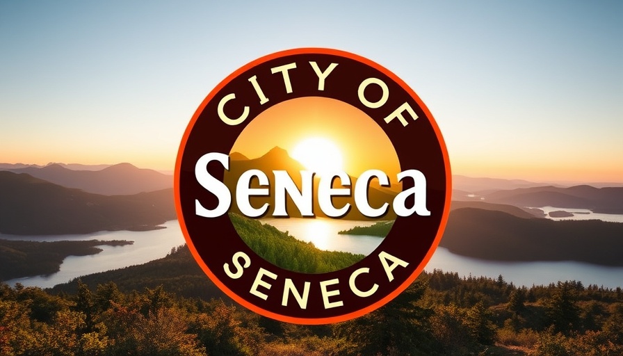 Seneca city logo with mountains and sunset backdrop.