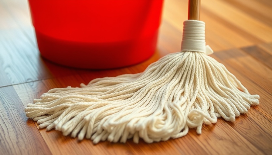 Close-up of mop and bucket on a wooden floor showing how to mop a floor.