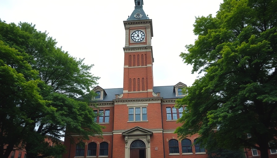 Historic clock tower building framed by trees, classical aesthetic.