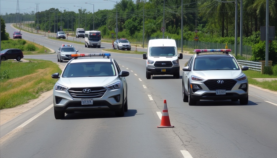 DHS and ICE operation on road with police SUVs and Hyundai truck.