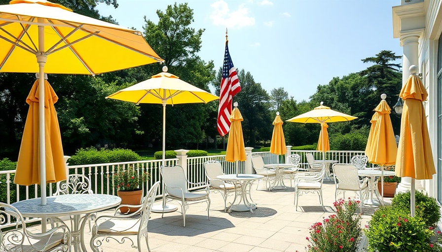 White House terrace with yellow-striped umbrellas and empty furniture.