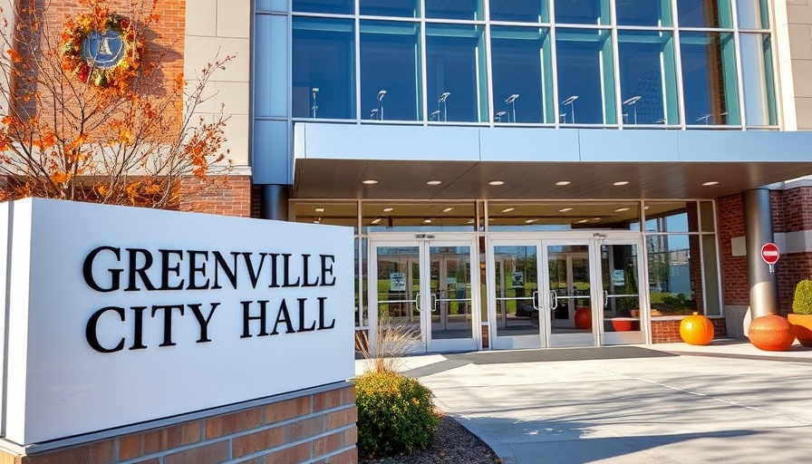 Greenville City Hall entrance with modern signage, bright daylight.