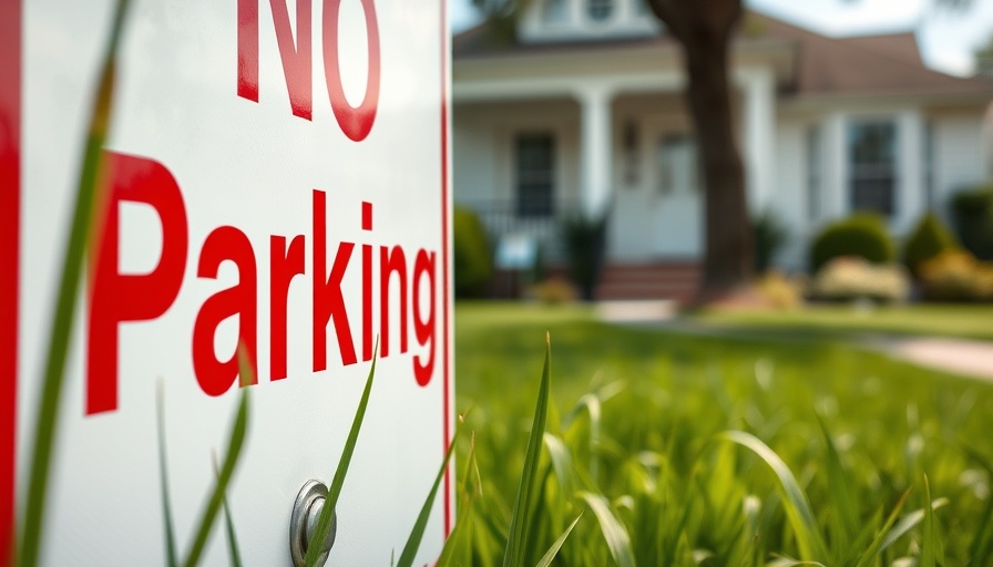 Detailed 'No Parking' sign near a house, conveying Clemson football parking chaos.