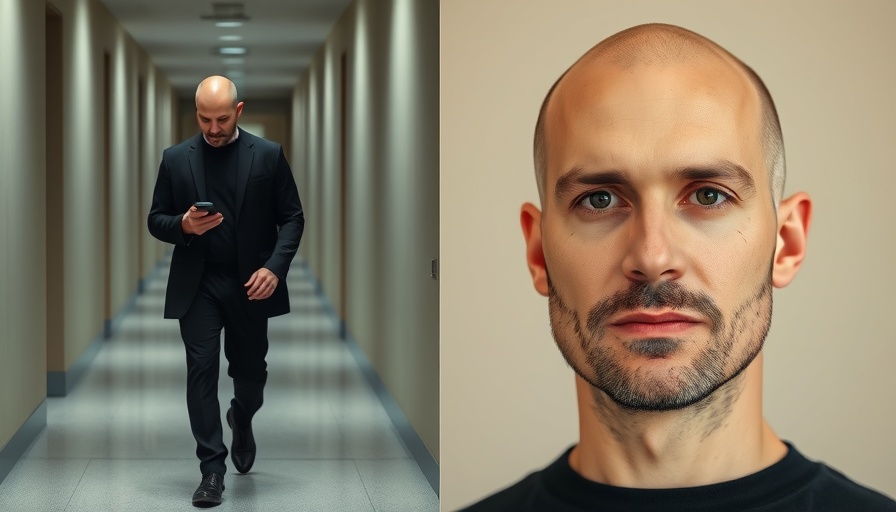 Bald man in black, walking and portrait, wedding crashers arrested.