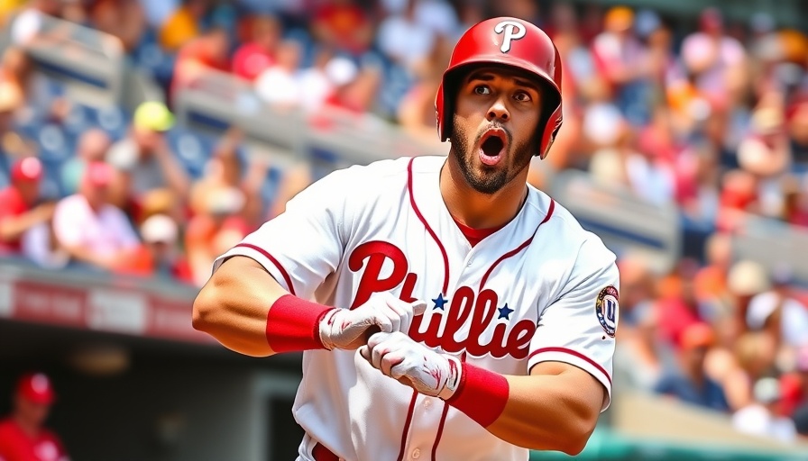 Baseball player in Phillies uniform mid-game with surprised expression.