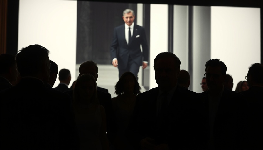 Silhouetted guests at Giorgio Armani tribute event with projected Armani image.