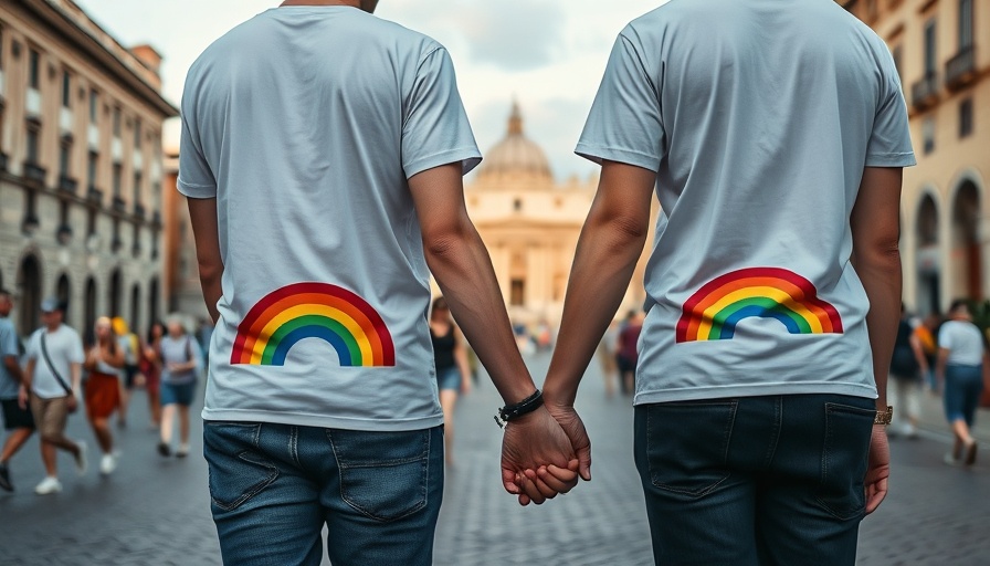 LGBTQ+ Catholics holding hands in Rome piazza, evening light
