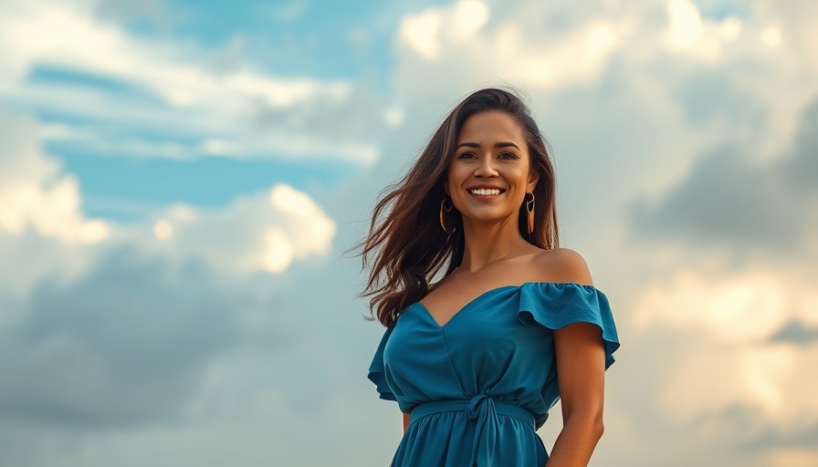 Confident woman in blue dress standing against cloudy fall sky, Weather Change for Fall.