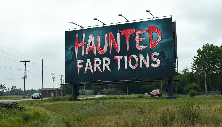 Billboard for haunted house attraction under cloudy sky on roadside.