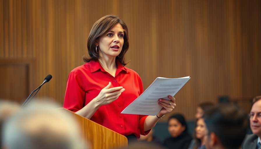 Confident woman in red shirt addresses audience, highlighting Georgia priorities.