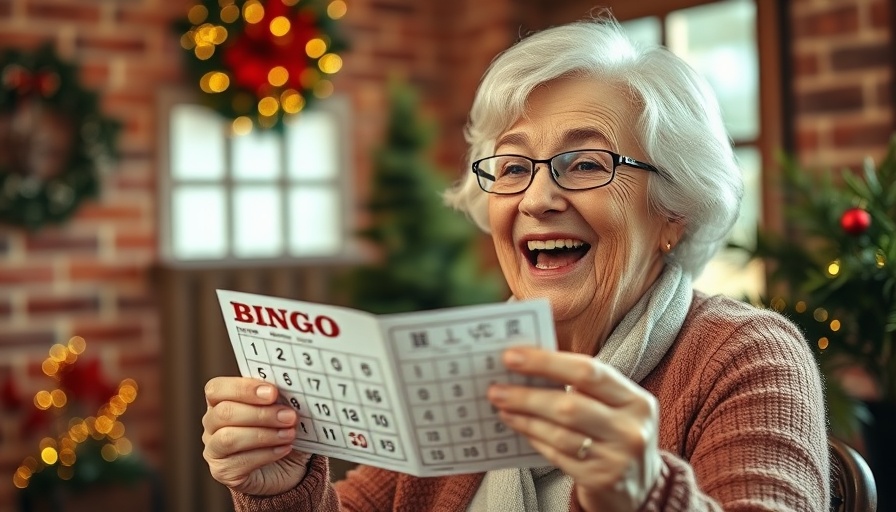 Cheerful woman holding a Bingo card, smiling in an inviting setting, Bingo community game.