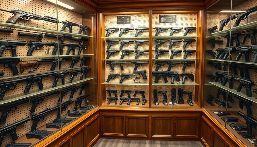 Handguns in a store display case related to Georgia gun safety legislation 2026