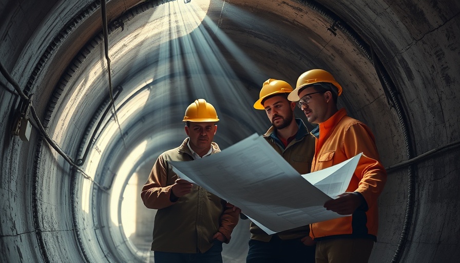 Workers examining blueprints during Westminster sewer restructure.