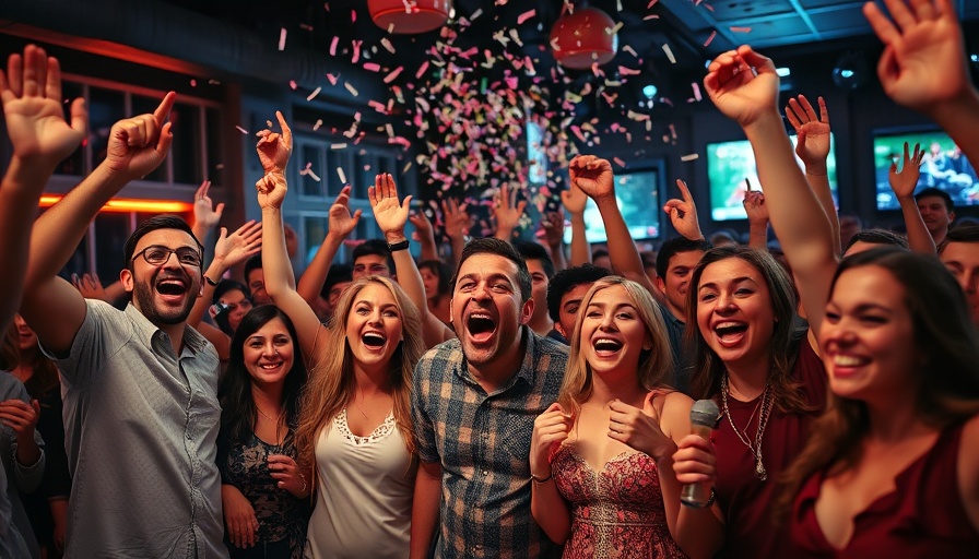Excited people celebrating in a lively sports bar.