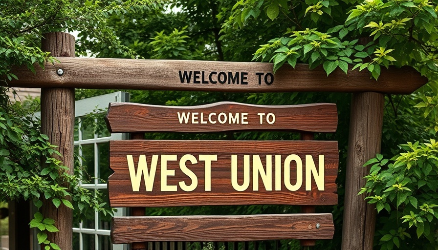 Welcome sign to West Union surrounded by greenery.