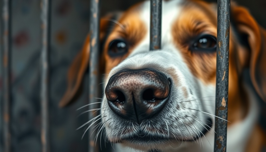 Nose of trapped dog pressed against cage bars, conveying sadness.