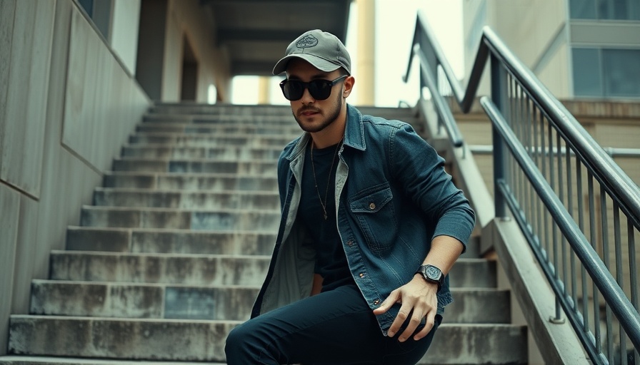 Individual in casual attire with cap and sunglasses walking up stairs