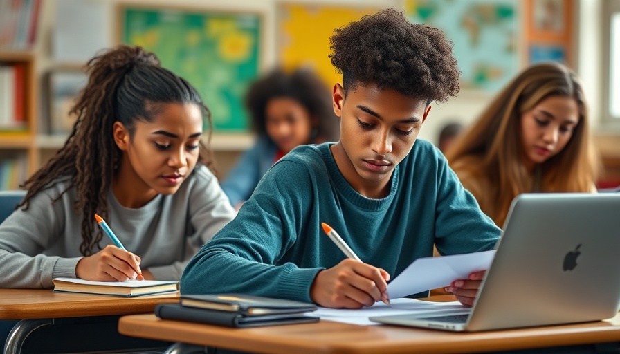 Young students filling out FOLKS scholarship applications in a classroom.