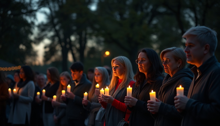 Oconee vigil for Charlie Kirk with lit candles at dusk.