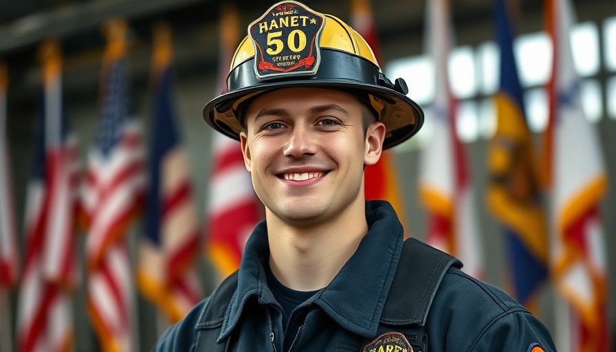 Uniformed firefighter smiles for portrait with flags in the background.