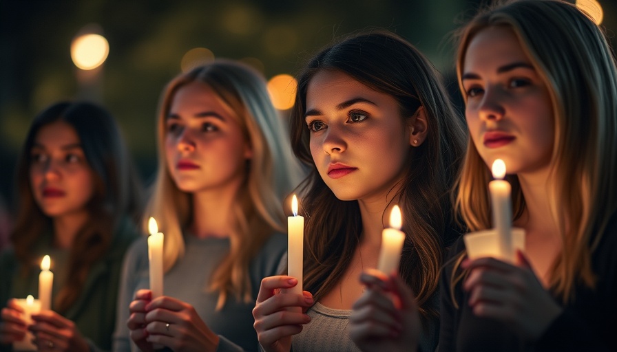 Young women at nighttime vigil holding candles in somber reflection.