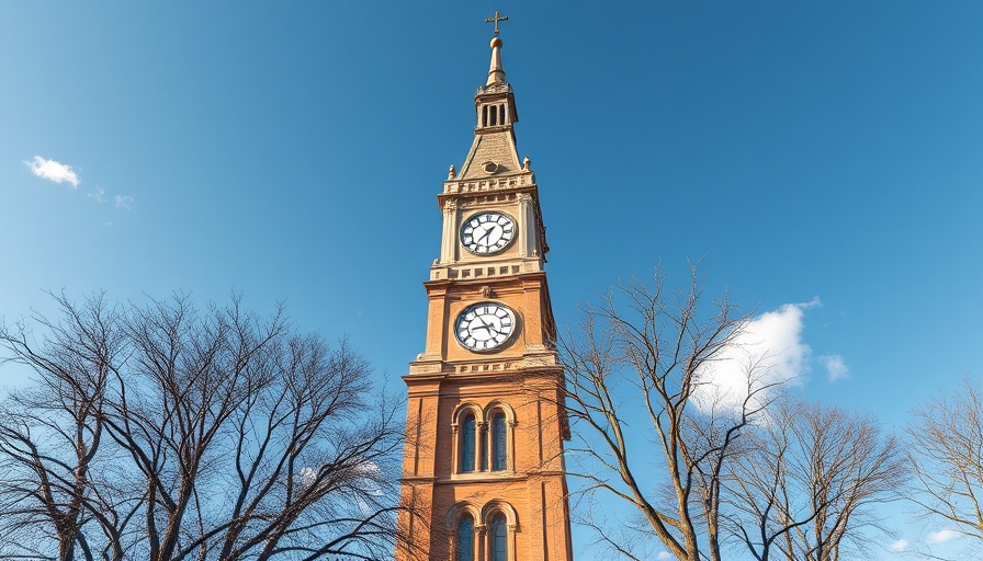 Clemson's iconic clock tower against a clear blue sky.