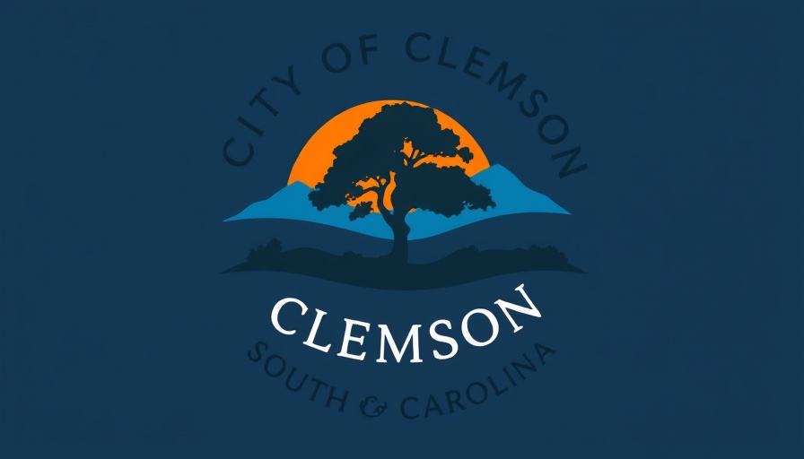 City of Clemson logo with tree, mountains, and sunset.