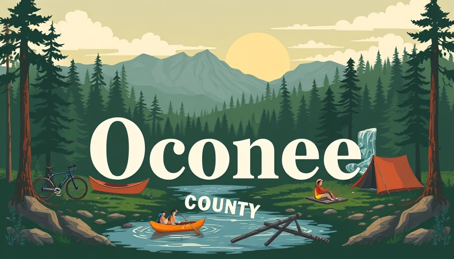 Illustration of Oconee County logo with outdoor activities and nature elements