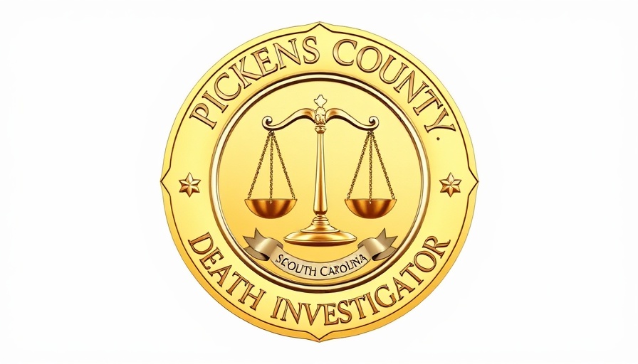 Pickens County coroner badge with scales and text.