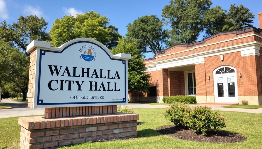 Walhalla City Hall sign under sunlight, brick structure in official setting.