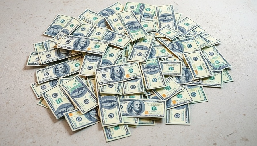 A chaotic spread of US dollar bills symbolizing booster club embezzlement.