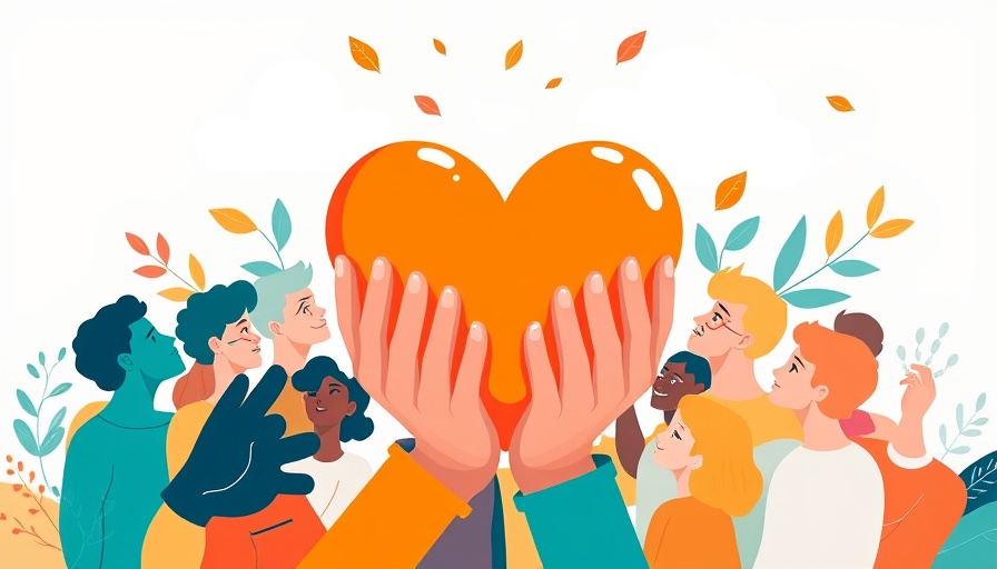 GivingTuesday 2025 concept: Diverse group with large heart and supporting hands.