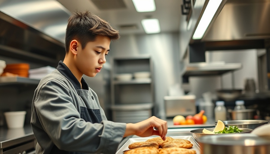 Culinary student preparing food in a modern kitchen environment.