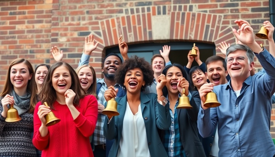 Lively bell-ringing gathering with diverse group outdoors.