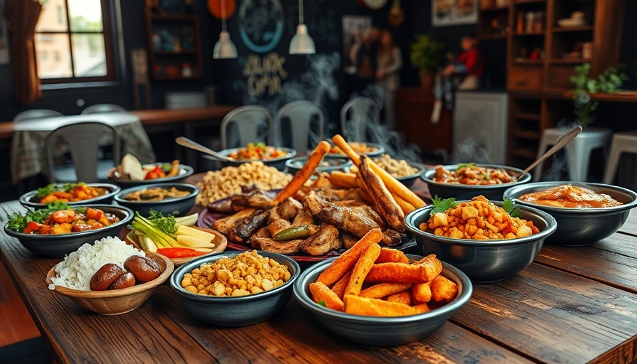 Gaffney Food Deals display with assorted dishes on wooden table.