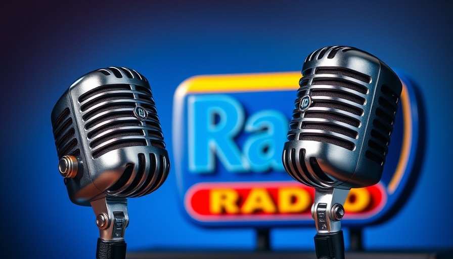 Radio microphone and station logo in a studio setting.