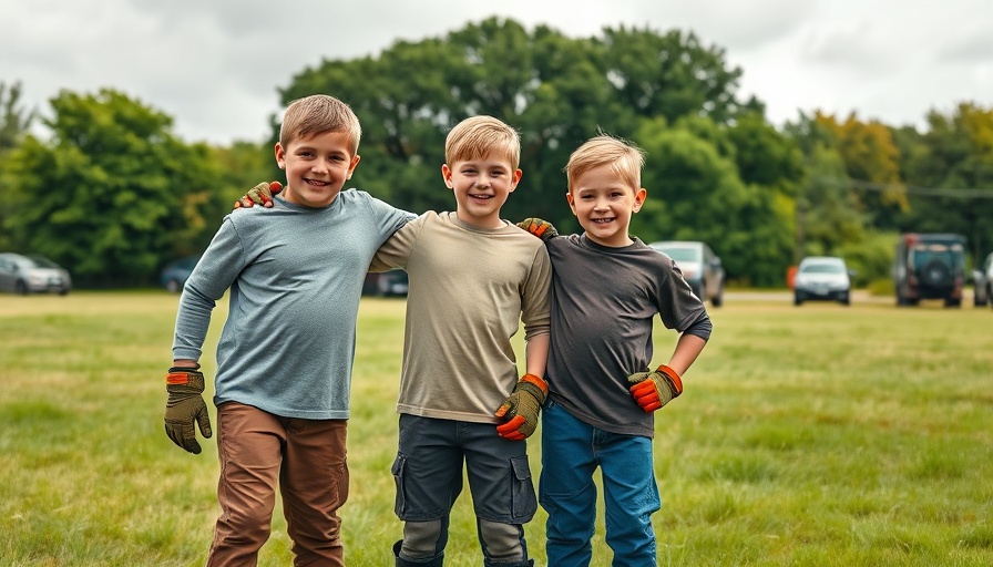 Boys outdoors in boots and gloves amidst cars and trees.