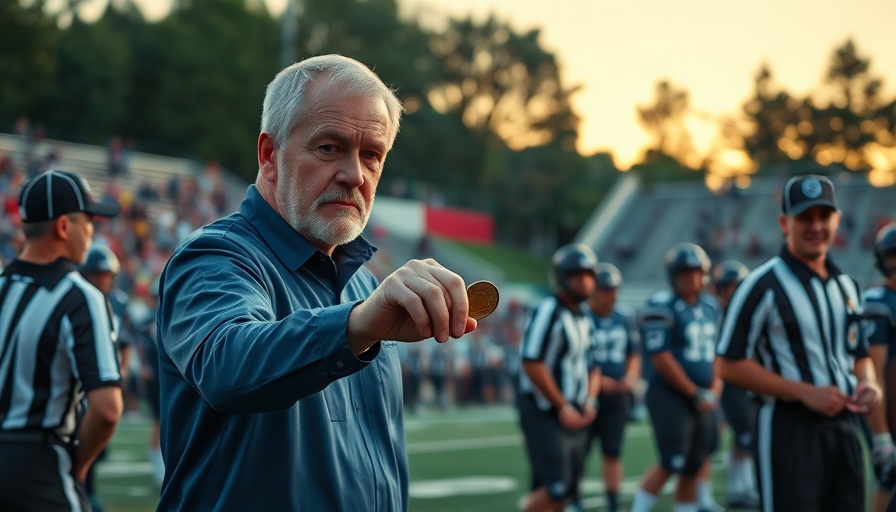 Gaffney community events: Coin toss at a football game in evening light.