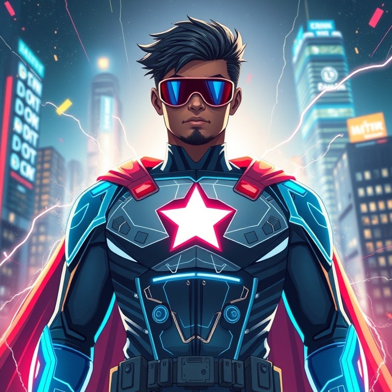 Digital authority superhero soaring through a vibrant cityscape.