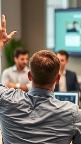 Photo of a group of business employees in an office setting asking questions about video marketing.