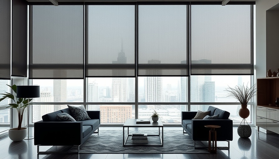 Modern office with best roller shades and city view.