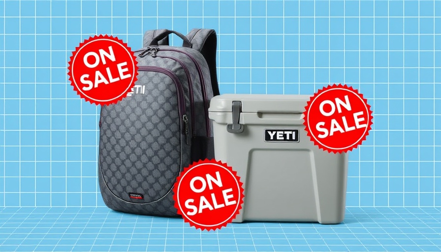 Modern outdoor gear sale with Yeti cooler and backpack.