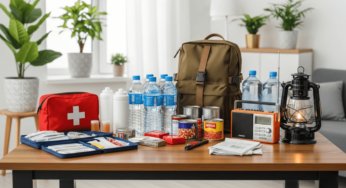 Emergency preparedness supplies for families in a living room.