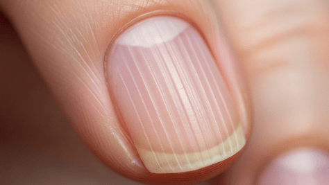 Close-up of vertical nail ridges on a human fingernail.