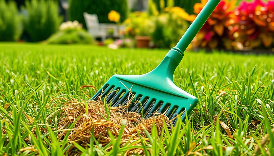 Fall lawn renovation with dethatching rake and green lawn.
