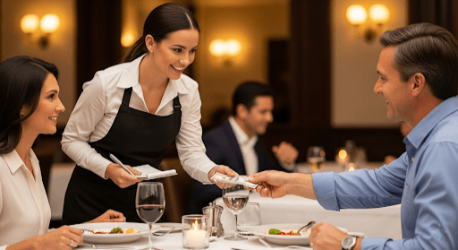 Patron giving waitress a tip