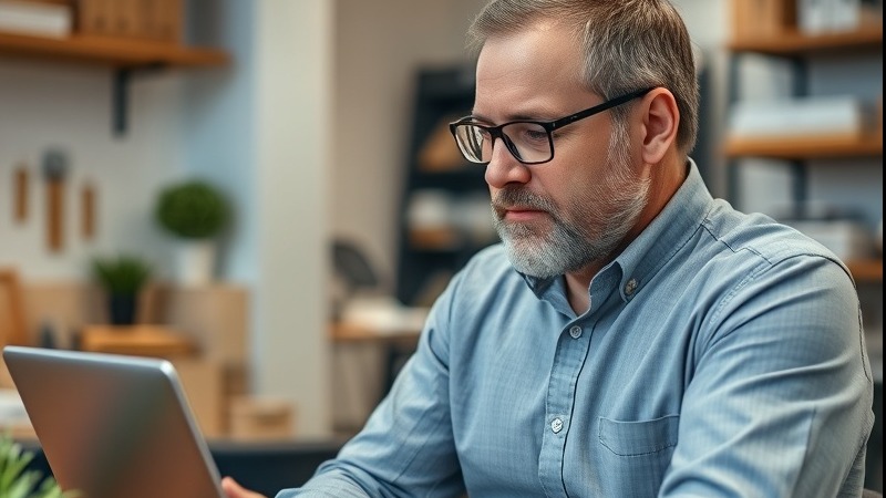Photo of a business owner in his place of business looking at a video on his laptop that social response marketer produced.
