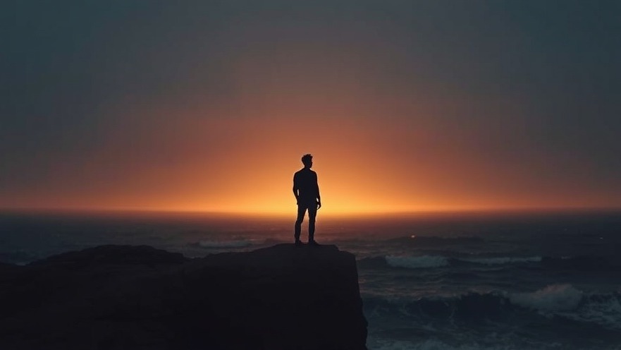 Solitary figure on a coastal rock embodying Lance Wallnau's spiritual journey and faith.
