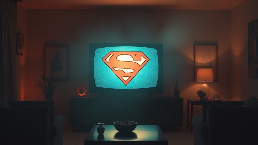 1960s living room with vintage TV displaying Superman logo, highlighting cultural relevance of superheroes.