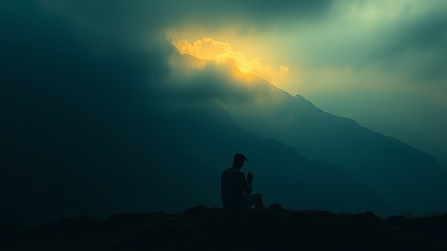 A serene figure in prayer amidst tranquil mountains, embodying Spiritual Warfare and Personal Breakthrough.